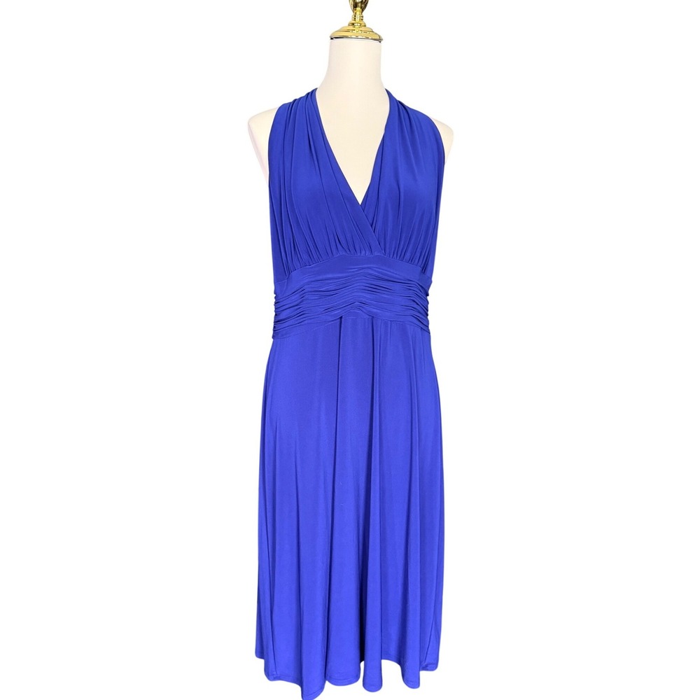 Jones Wear Dress Royal Blue Ruched Empire Waist V-Neck Midi Dress Womens 16